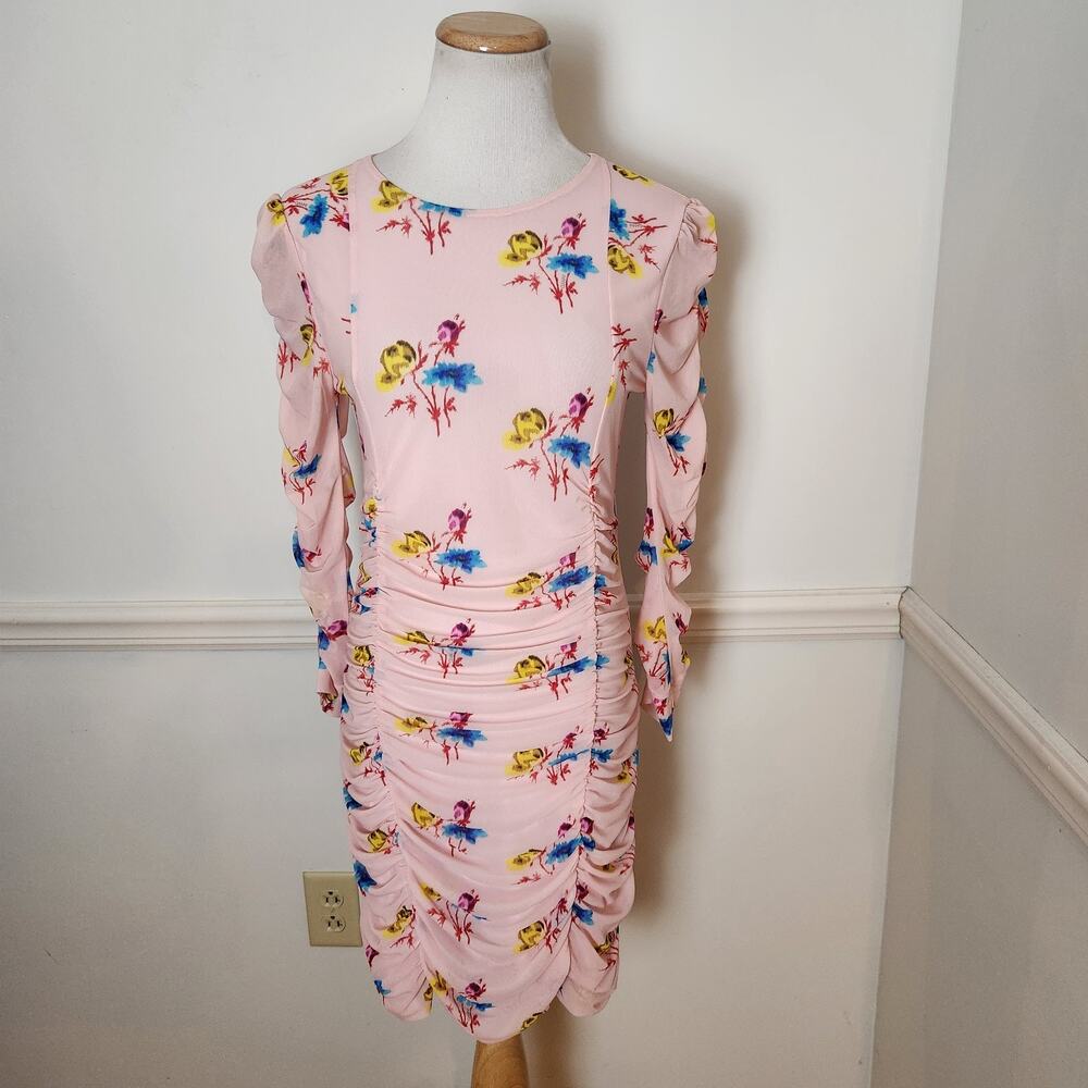 Ganni Dress Size 38 US 6 Womens Floral Pink Mesh Ruched Mini Bodycon Feminine